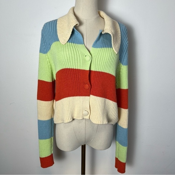 Zara Striped Button Front Knit Cardigan Sweater with Collar - Picture 3 of 8